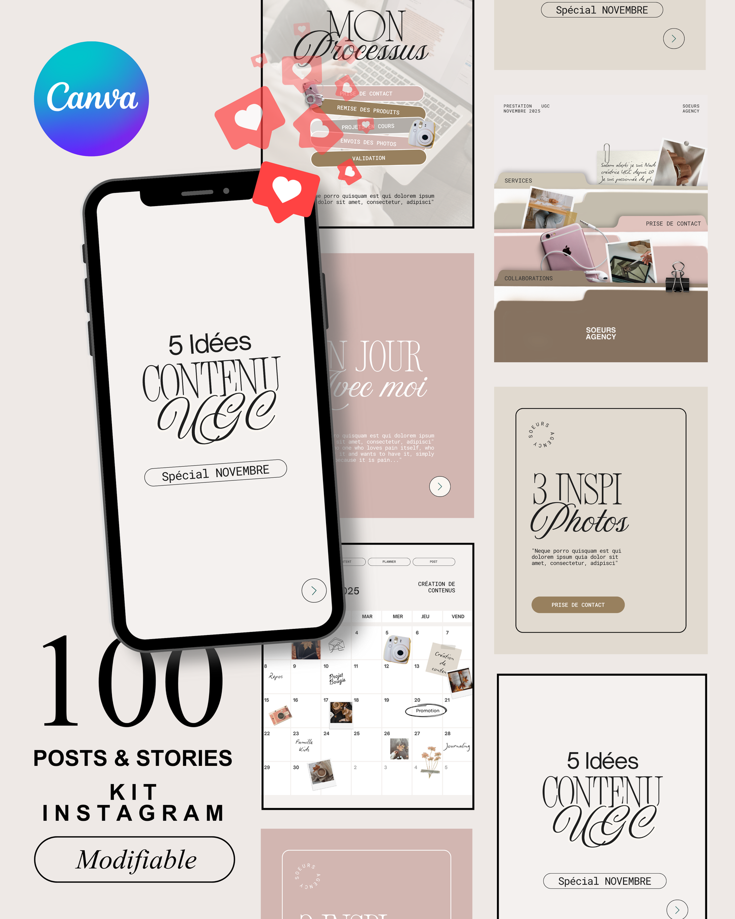 Kit de 100 templates Canva modifiables