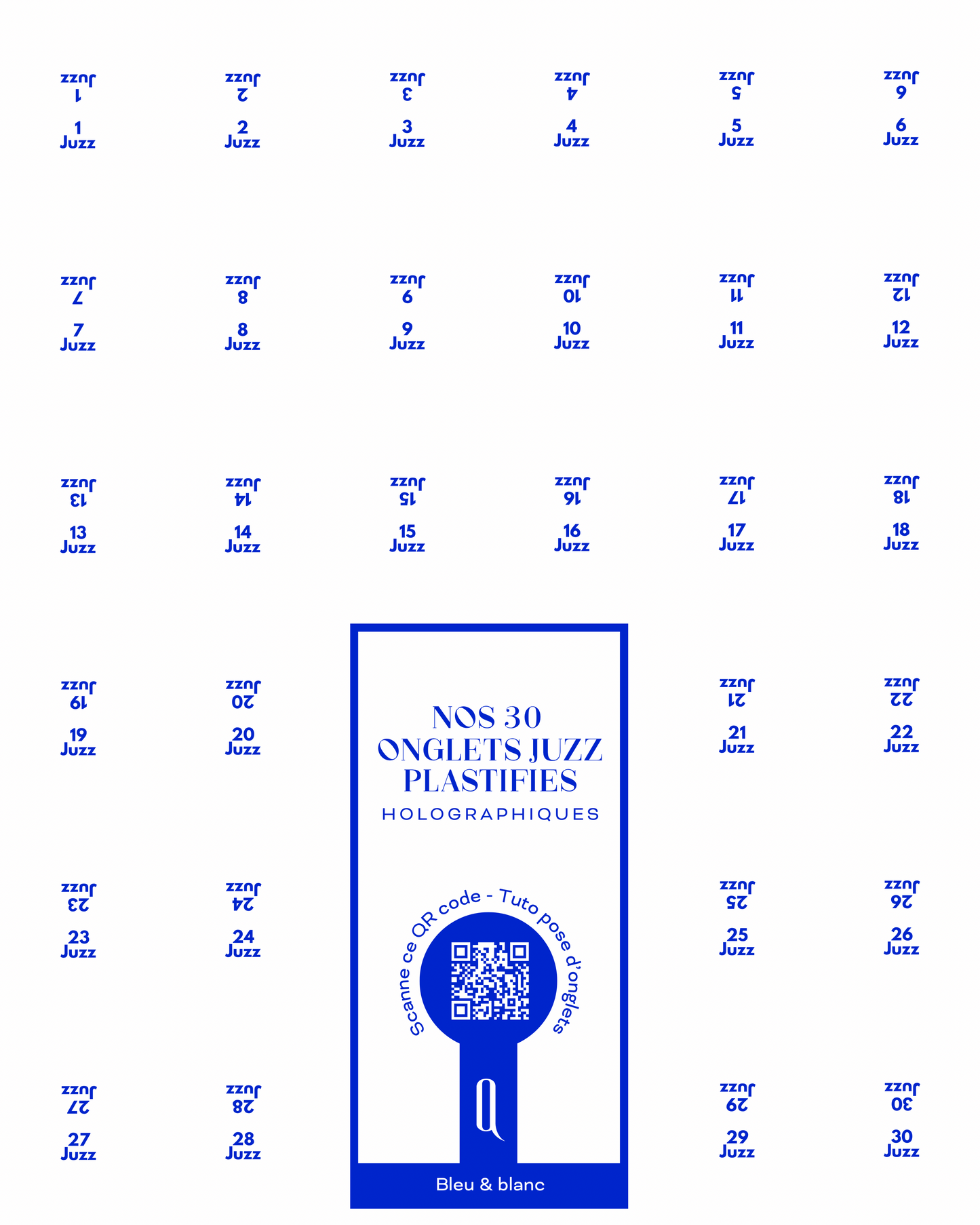 Onglets Juzz plastifiés holographiques • Blanc & bleu