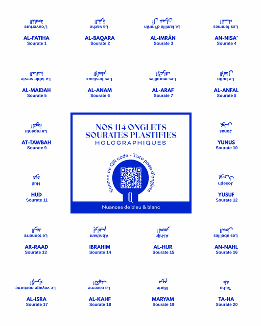 Onglets sourates plastifiés holographiques • Nuances de blanc & bleu