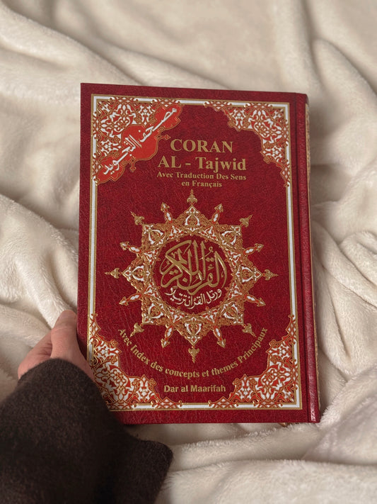 Coran Tajwid Français/arabe bordeaux + onglets sourates plastifiés holographiques