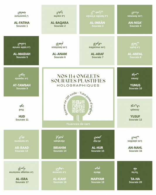 Onglets sourates plastifiés holographiques • Nuances de vert