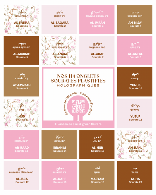 Onglets sourates plastifiés holographiques • Pink & Green flowers