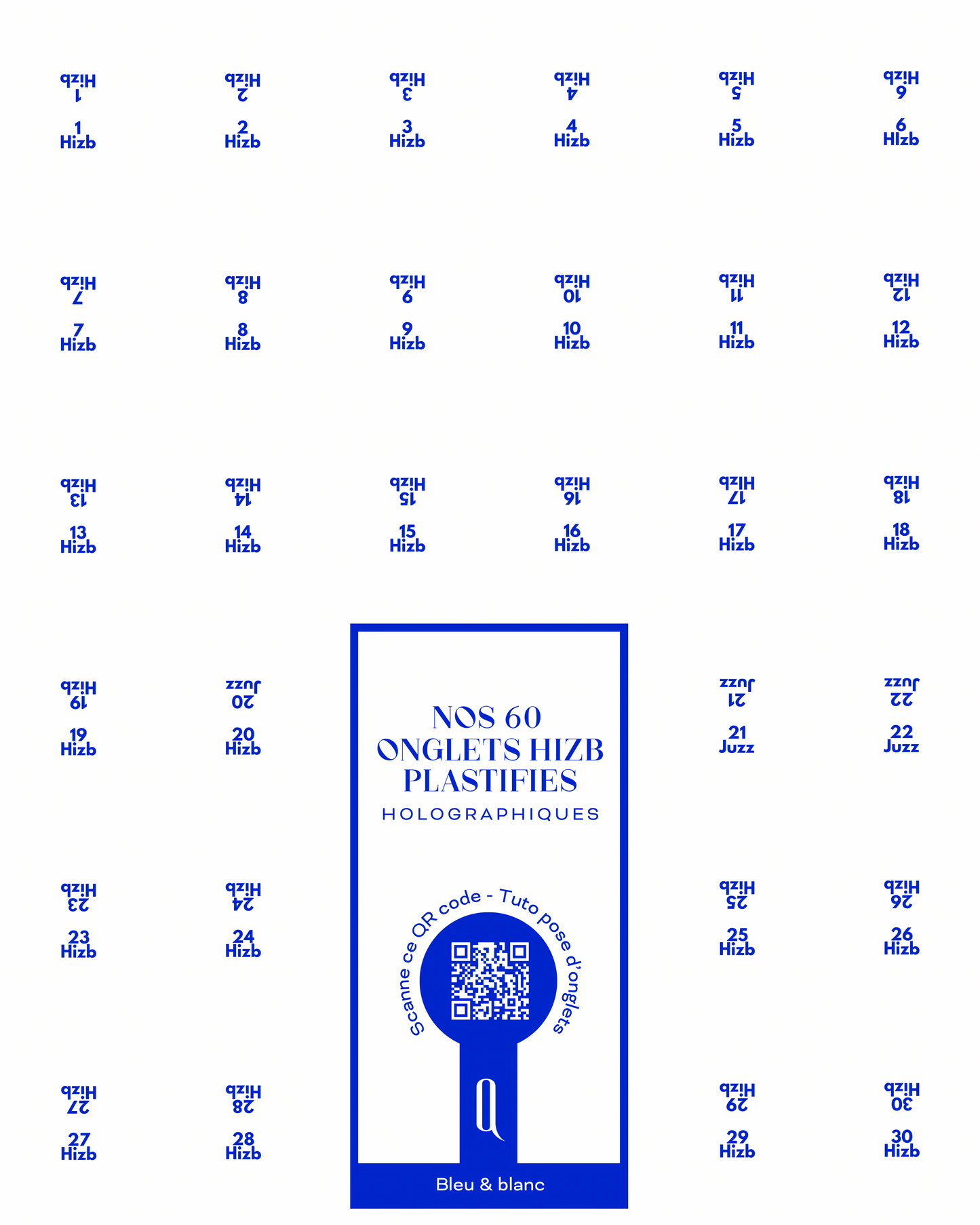 Onglets hizb plastifiés holographiques • Blanc & bleu