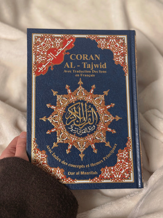 Coran Tajwid Français/arabe bleu + onglets sourates plastifiés holographiques
